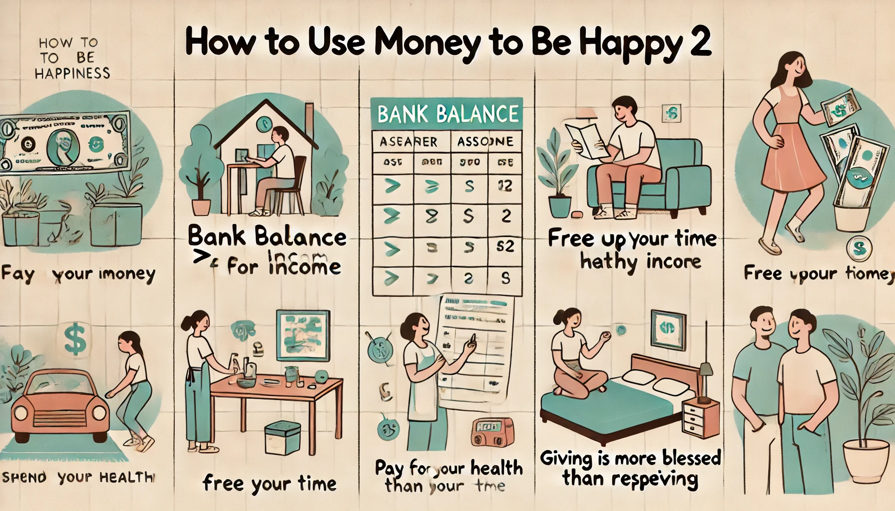DALL·E 2024-06-24 22.15.03 - Create an image with a cream background and grid lines, with the title 'How to Use Money to Be Happy (2)' in a handwritten font at the top. The image .webp.webp