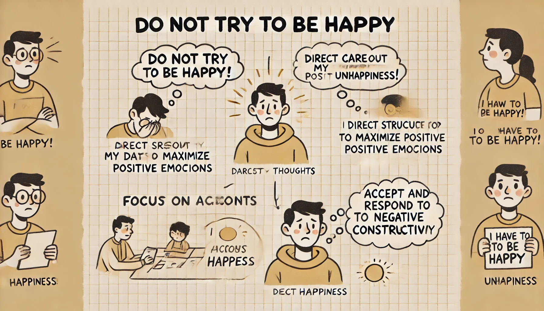DALL·E 2024-06-24 22.37.34 - Create an image with a cream background and grid lines, with the title 'Do Not Try to Be Happy' in a handwritten font at the top. The image should be .webp.webp