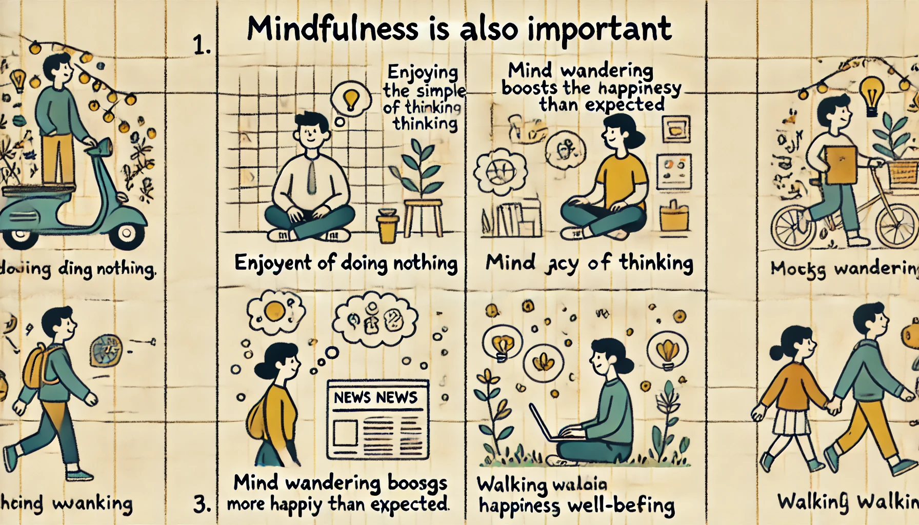 DALL·E 2024-06-24 22.33.24 - Create an image with a cream background and grid lines, with the title 'Mindfulness Is Also Important' in a handwritten font at the top. The image sho.webp.webp
