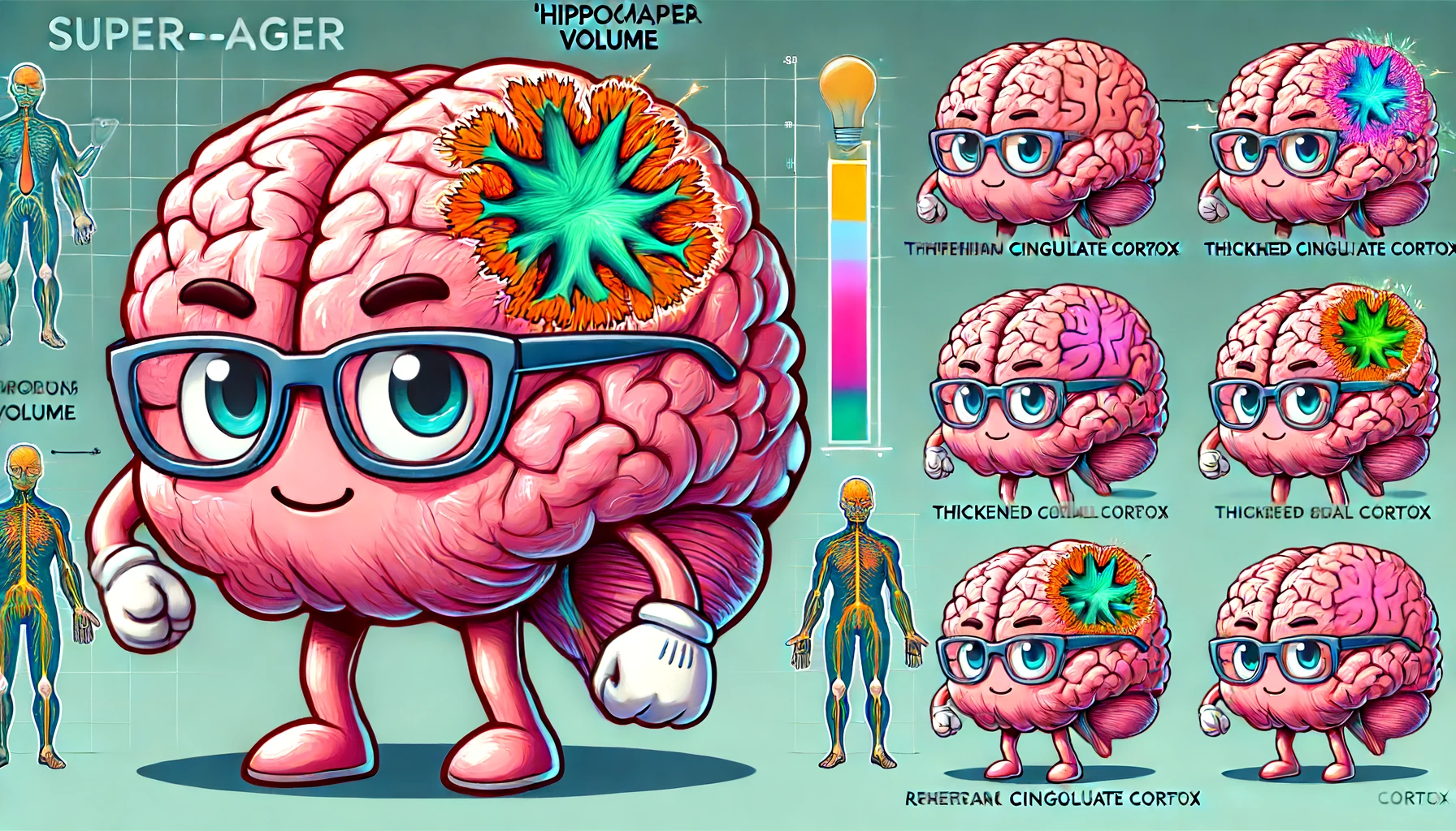 DALL·E 2024-06-19 09.39.05 - Create cartoon-style illustrations similar to the provided image, focusing on the structural characteristics of 'super-agers' brains as described in t.webp.webp