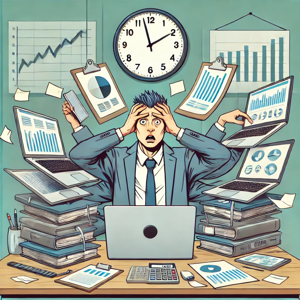 DALL·E 2024-09-23 20.44.38 - An illustration of a stressed businessman surrounded by multiple laptops, notebooks, and charts, with a cluttered desk and a clock showing time runnin.webp.webp