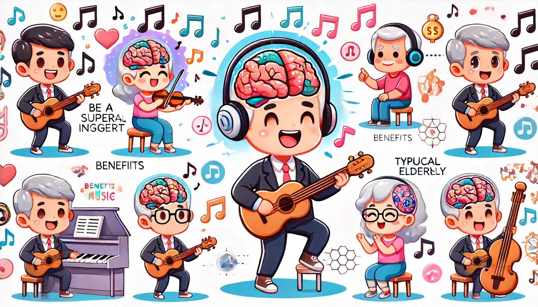DALL·E 2024-06-19 09.39.52 - Create cartoon-style illustrations using the same characters and style as previous images, focusing on the theme of 'Be a Superager' with music as des.webp.webp