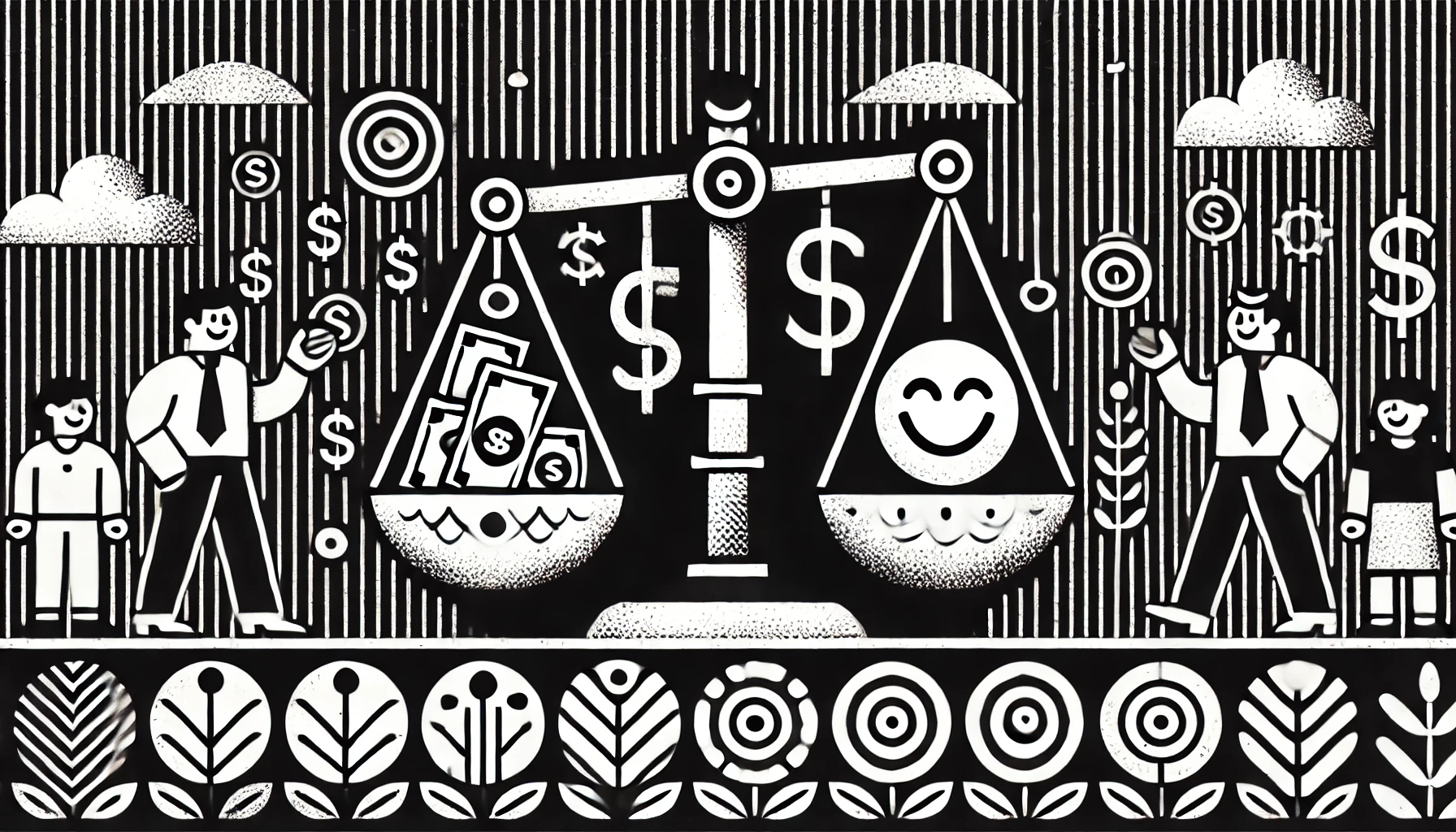DALL·E 2024-07-29 21.43.50 - A black-and-white, stylized horizontal image with the theme 'Relationship between income and job satisfaction.' The background features a simplified p.webp.webp