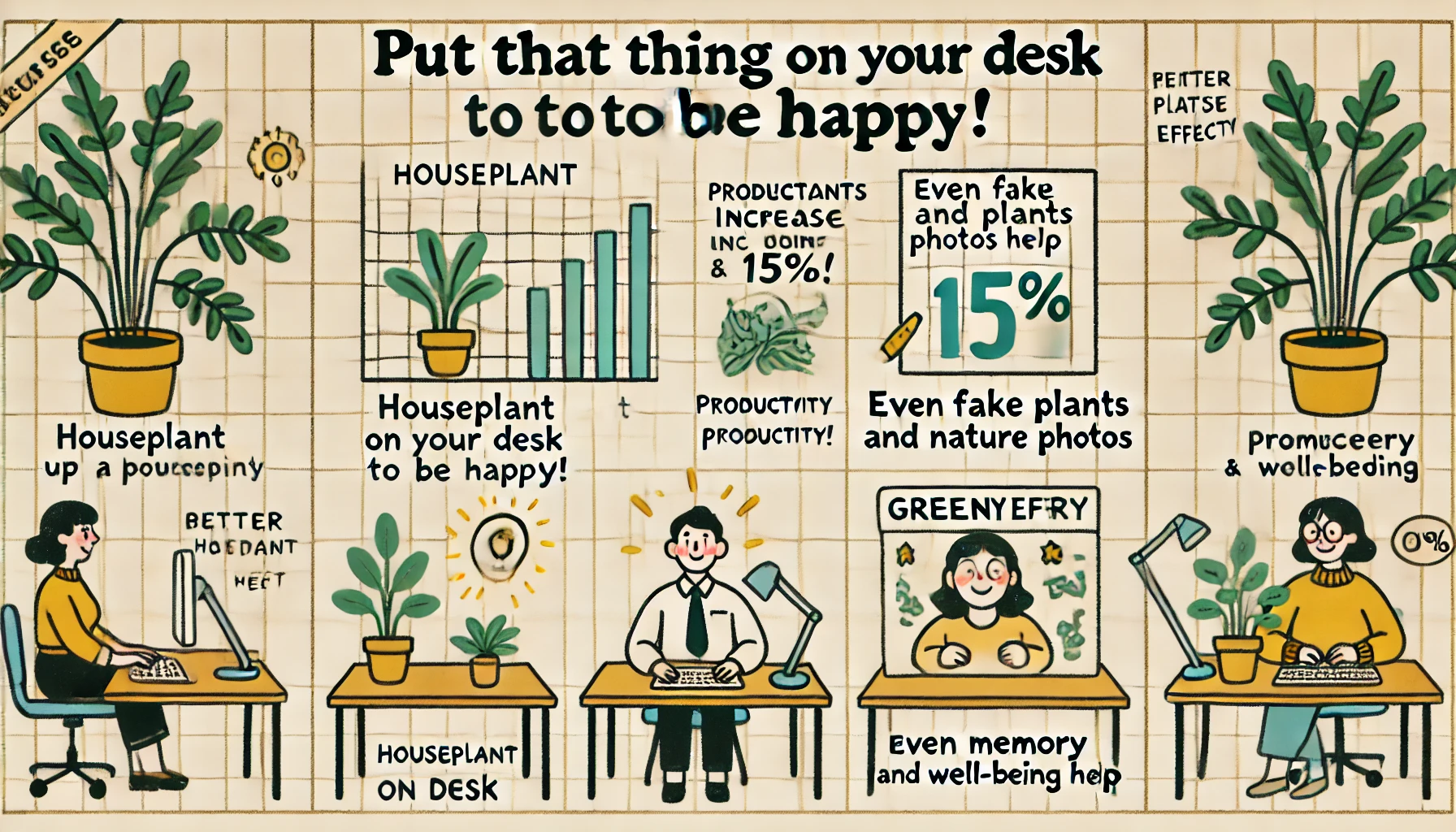 DALL·E 2024-06-24 22.20.39 - Create an image with a cream background and grid lines, with the title 'Put That Thing on Your Desk to Be Happy!' in a handwritten font at the top. Th.webp.webp