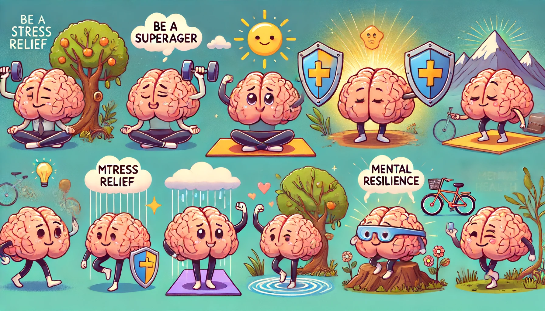 DALL·E 2024-06-19 09.40.42 - Create a cartoon-style illustration with brain characters, focusing on the theme 'Be a Superager' with mental resilience and stress management as desc.webp.webp