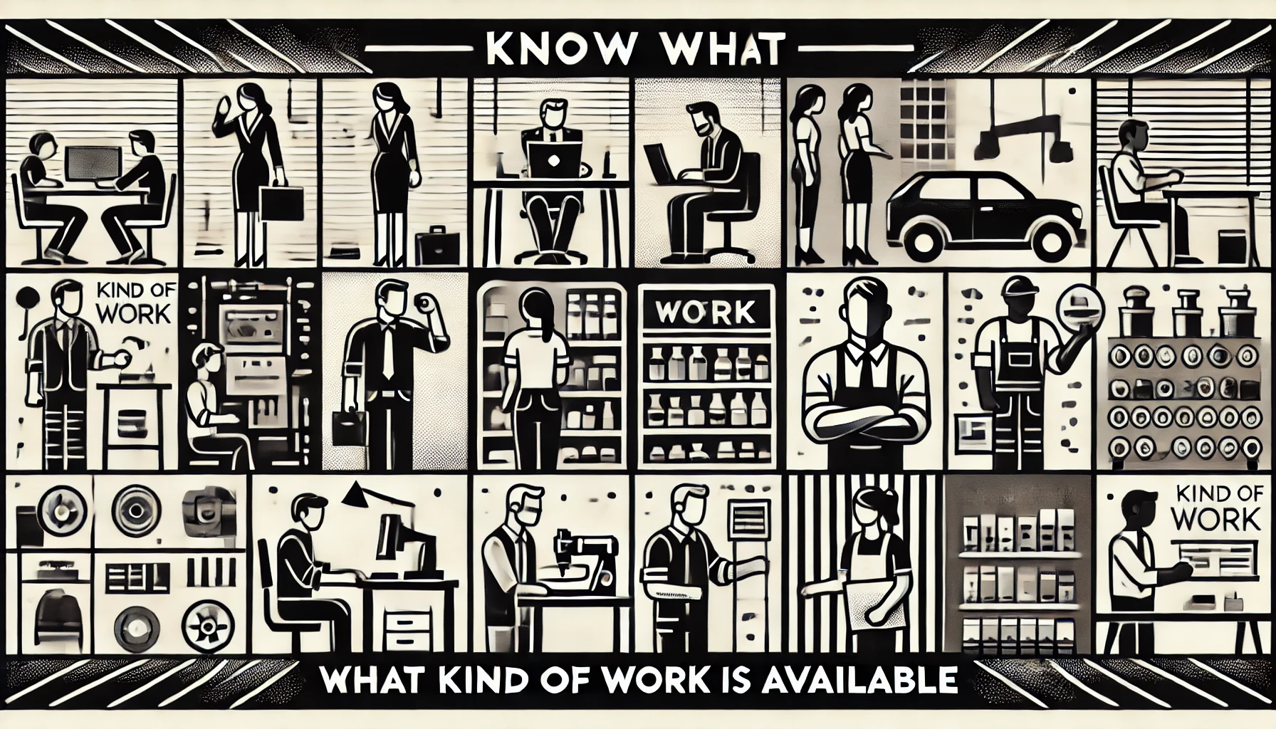 DALL·E 2024-07-29 21.25.29 - A black-and-white, stylized horizontal image with the theme 'Know what kind of work is available.' The background features a simplified pattern. The i.webp.webp