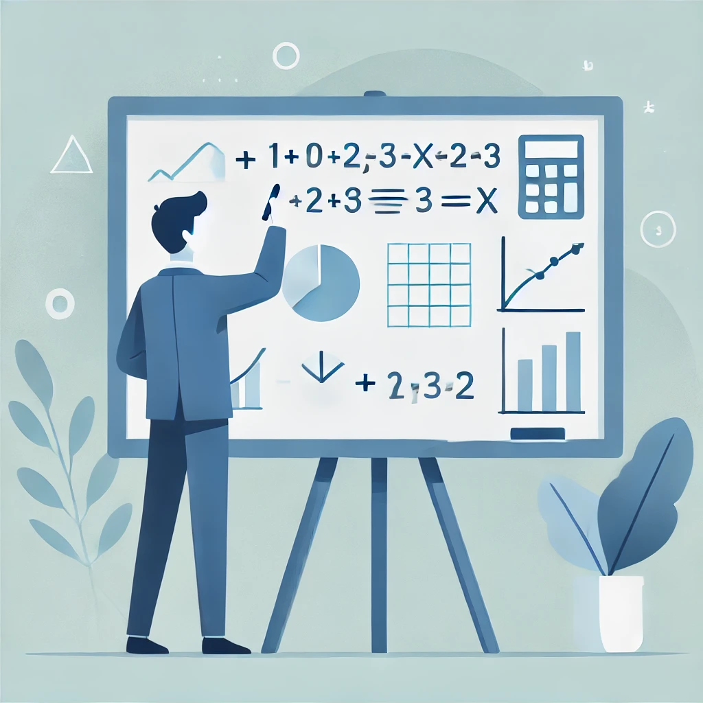 DALL·E 2024-10-22 22.14.05 - A flat design illustration of a businessman calculating on a whiteboard. The scene shows a professional standing in front of a whiteboard, writing or .webp.webp