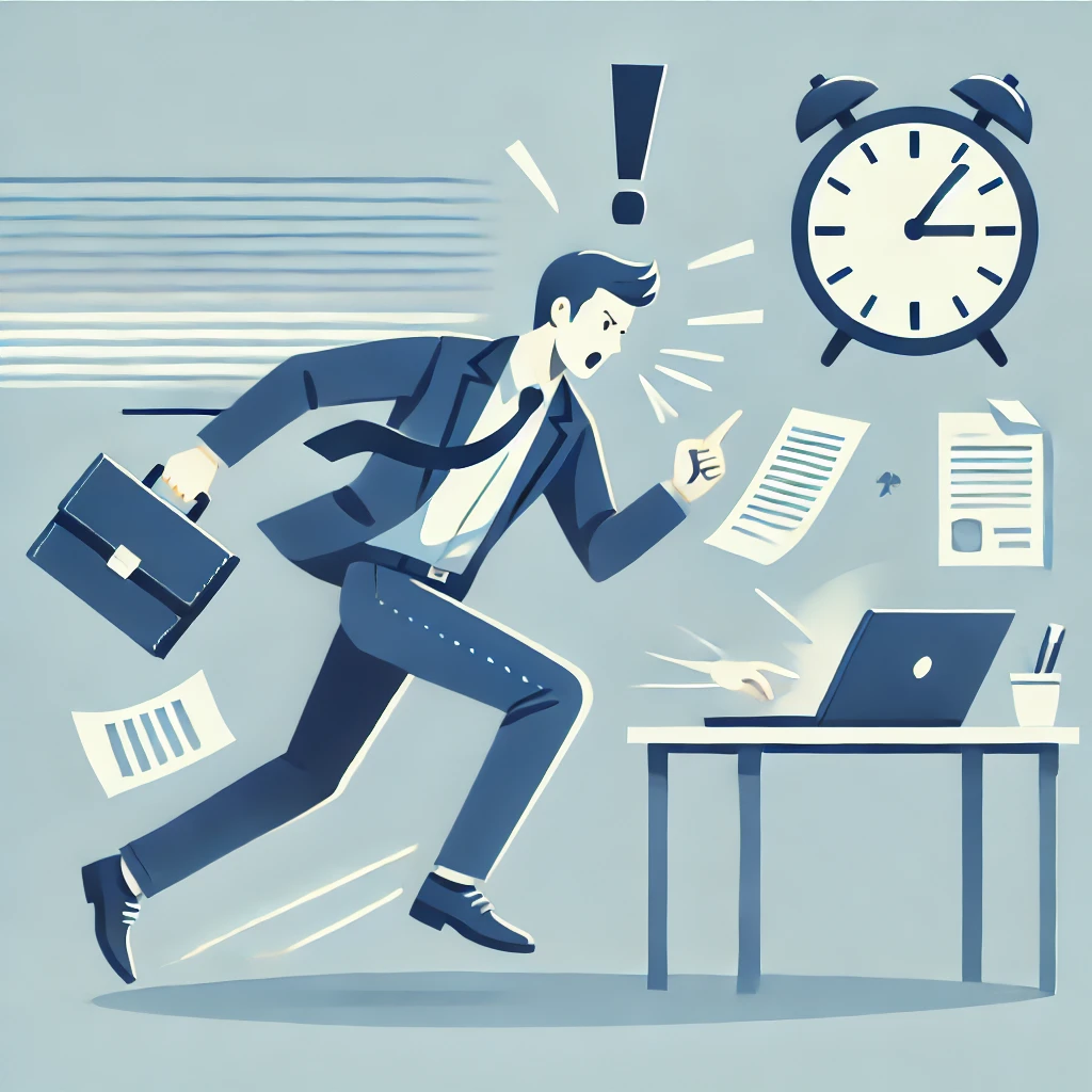 DALL·E 2024-10-22 22.07.28 - A flat design illustration of a businessman urgently responding to a task. The scene should depict a professional in a modern office environment, quic.webp.webp