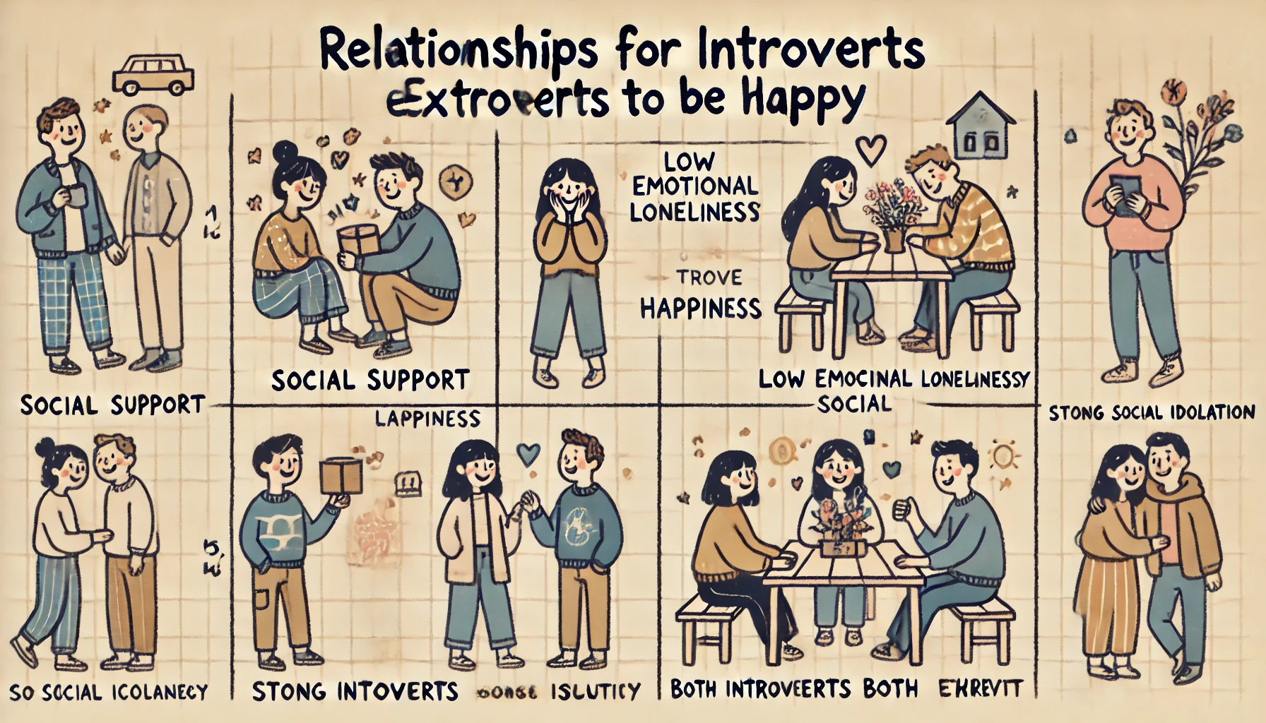 DALL·E 2024-06-24 22.25.07 - Create an image with a cream background and grid lines, with the title 'Relationships for Introverts and Extroverts to Be Happy' in a handwritten font.webp.webp