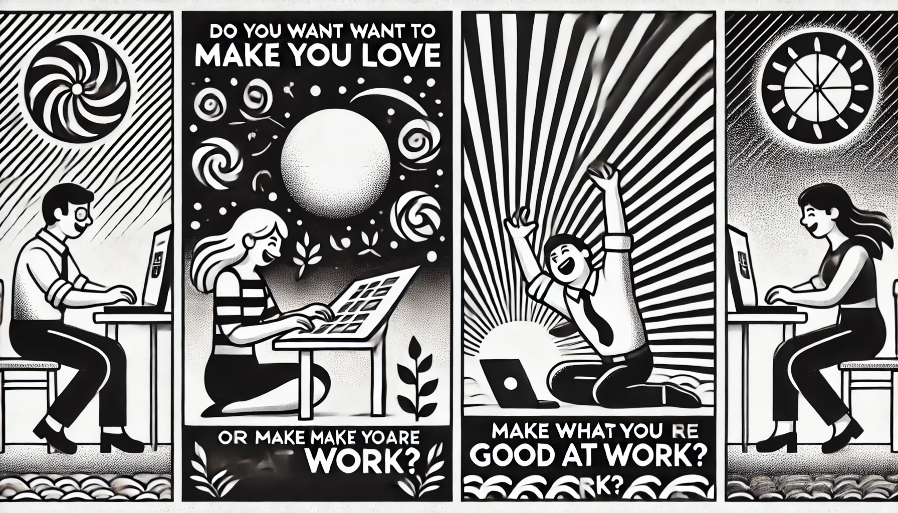 DALL·E 2024-07-29 21.27.39 - A black-and-white, stylized horizontal image with the theme 'Do you want to make what you love work or make what you are good at work_'. The backgroun.webp.webp