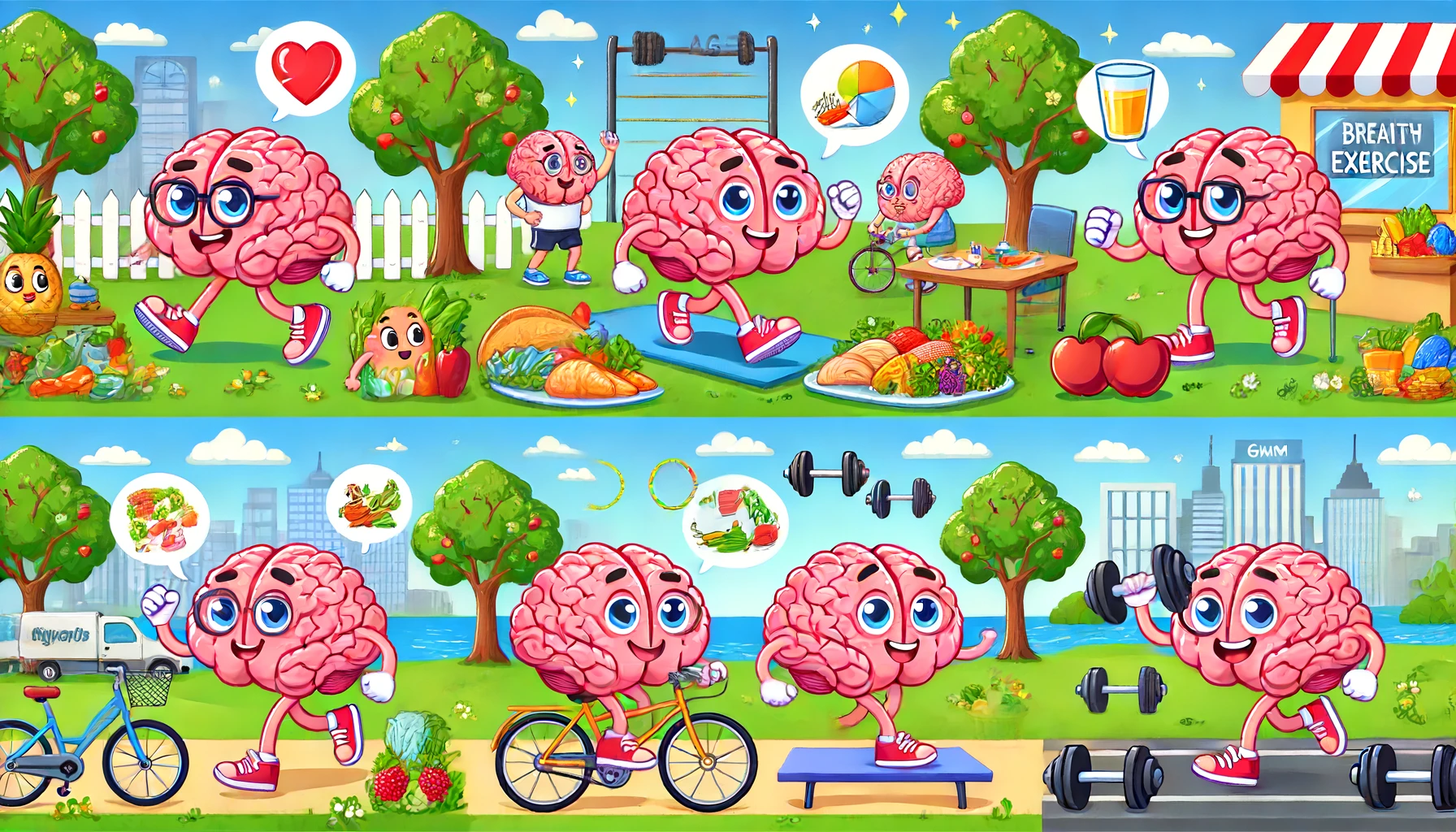 DALL·E 2024-06-19 09.41.01 - Create a cartoon-style illustration with brain characters, focusing on the theme 'Be a Superager' with diet and exercise as described in the article. .webp.webp