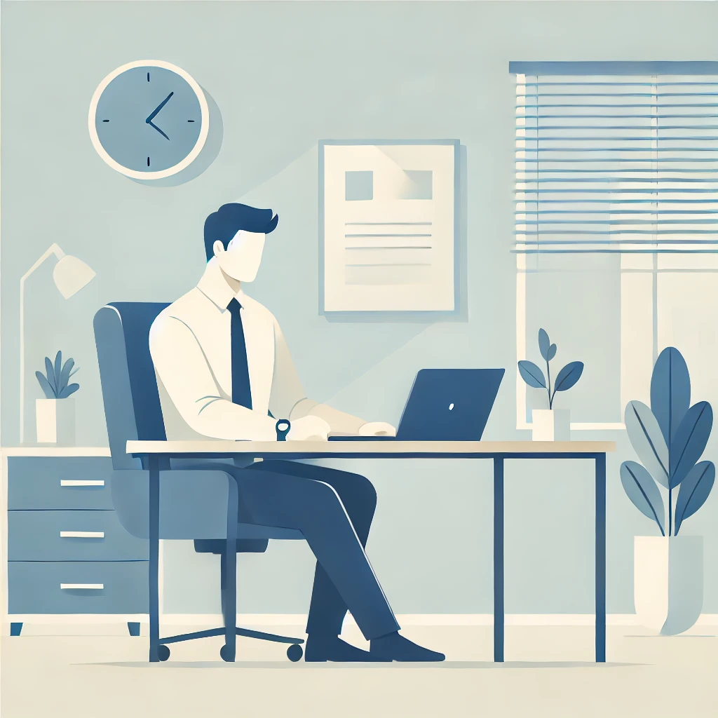 DALL·E 2024-10-22 22.11.14 - A flat design illustration of a businessman calmly and confidently working on tasks. The scene should depict a professional in a modern office environ.webp.webp