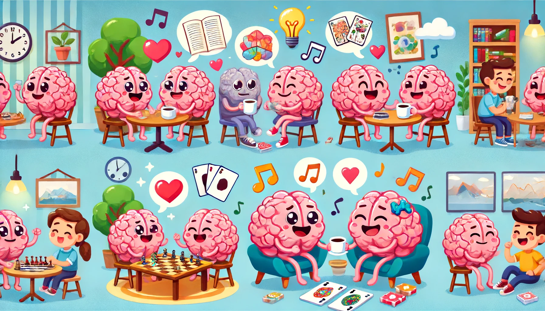 DALL·E 2024-06-19 09.40.20 - Create a cartoon-style illustration with brain characters engaged in social interactions, similar to the provided brain character style. Each scene sh.webp.webp