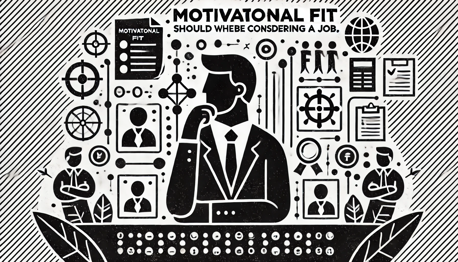 DALL·E 2024-07-29 21.33.03 - A black-and-white, stylized horizontal image with the theme 'Motivational Fit should be considered when choosing a job.' The background features a sim.webp.webp
