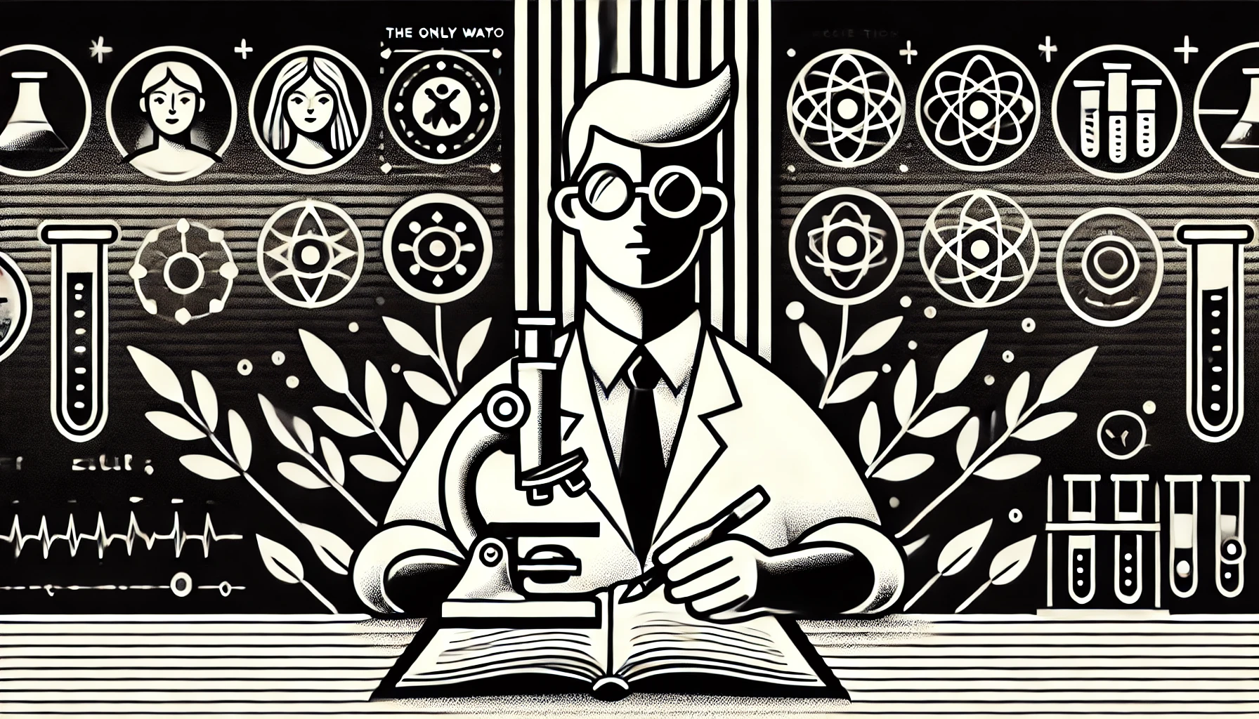 DALL·E 2024-07-29 21.39.30 - A black-and-white, stylized horizontal image with the theme 'The only way to find your vocation is to seek it out with a scientist mindset.' The backg.webp.webp
