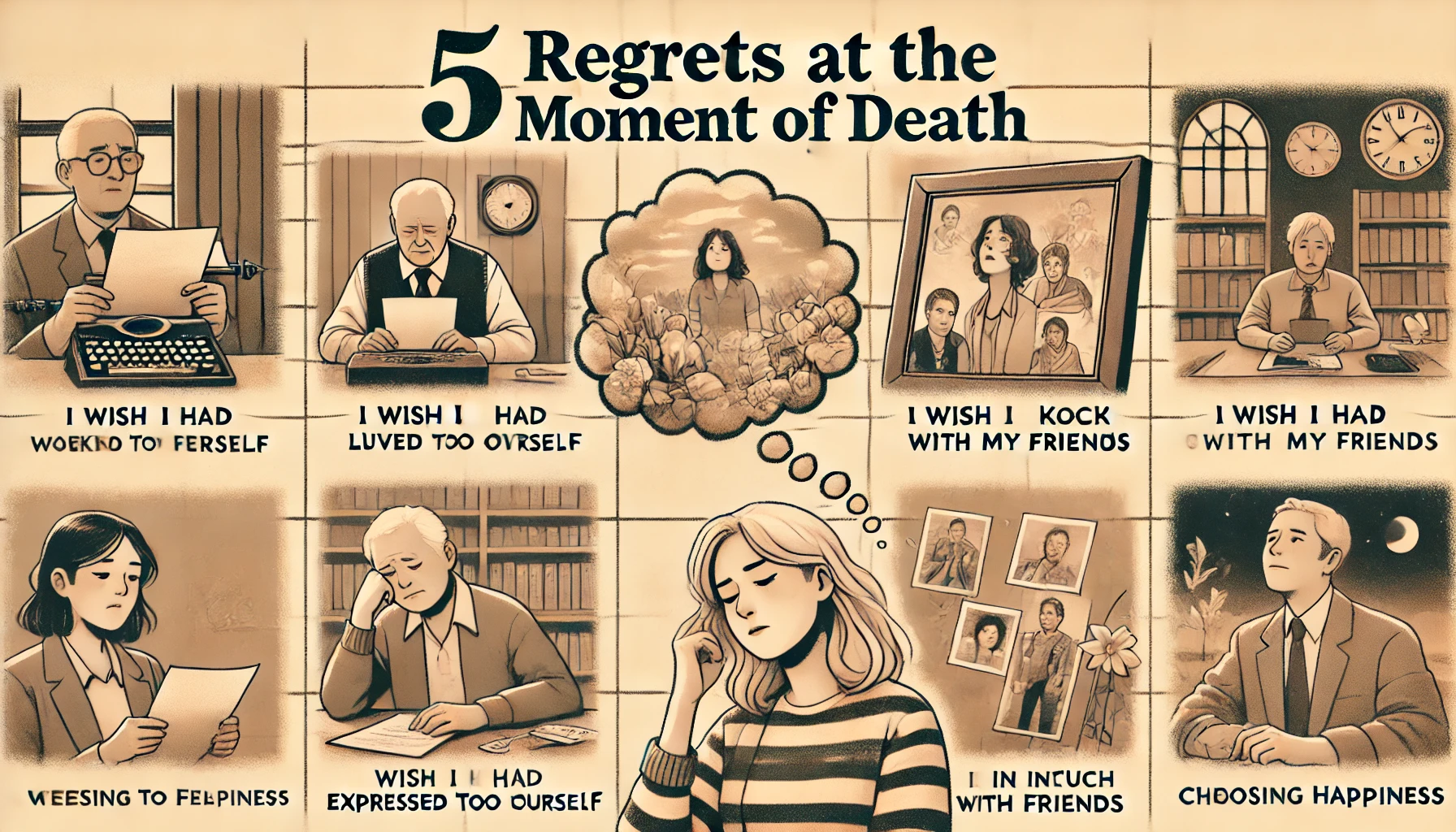 DALL·E 2024-07-01 21.47.37 - Create an image with a cream background and grid lines, with the title '5 Regrets at the Moment of Death' in a handwritten font at the top. The image .webp.webp