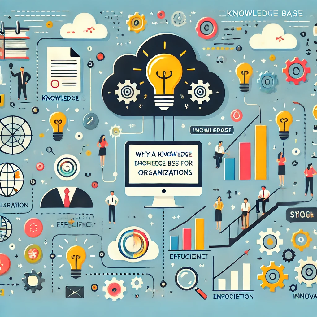 DALL·E 2024-11-17 22.31.06 - Flat design illustration for a newsletter header themed 'Why a Knowledge Base is Essential for Organizations'. Design 1_ A digital cloud with icons su.webp.webp
