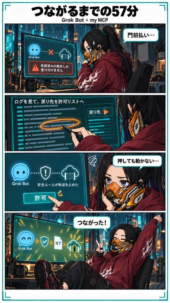 2026-10-11_Grok Bot接続4コマ_NTP-07サイバーパンク.png.webp