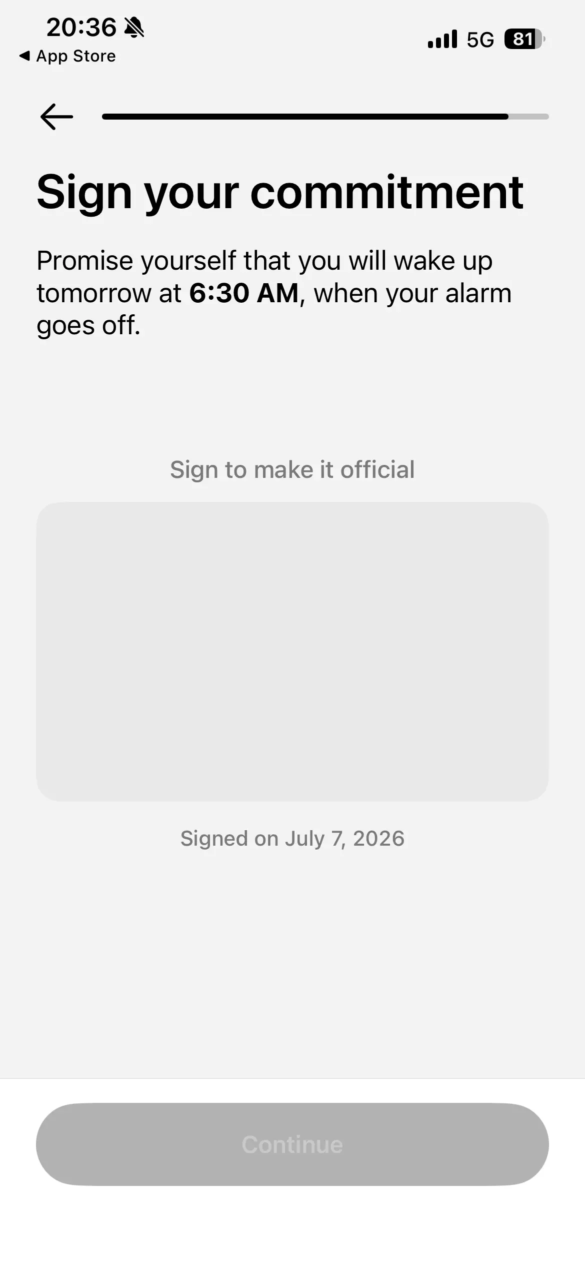 Alarm app onboarding: Sign your commitment