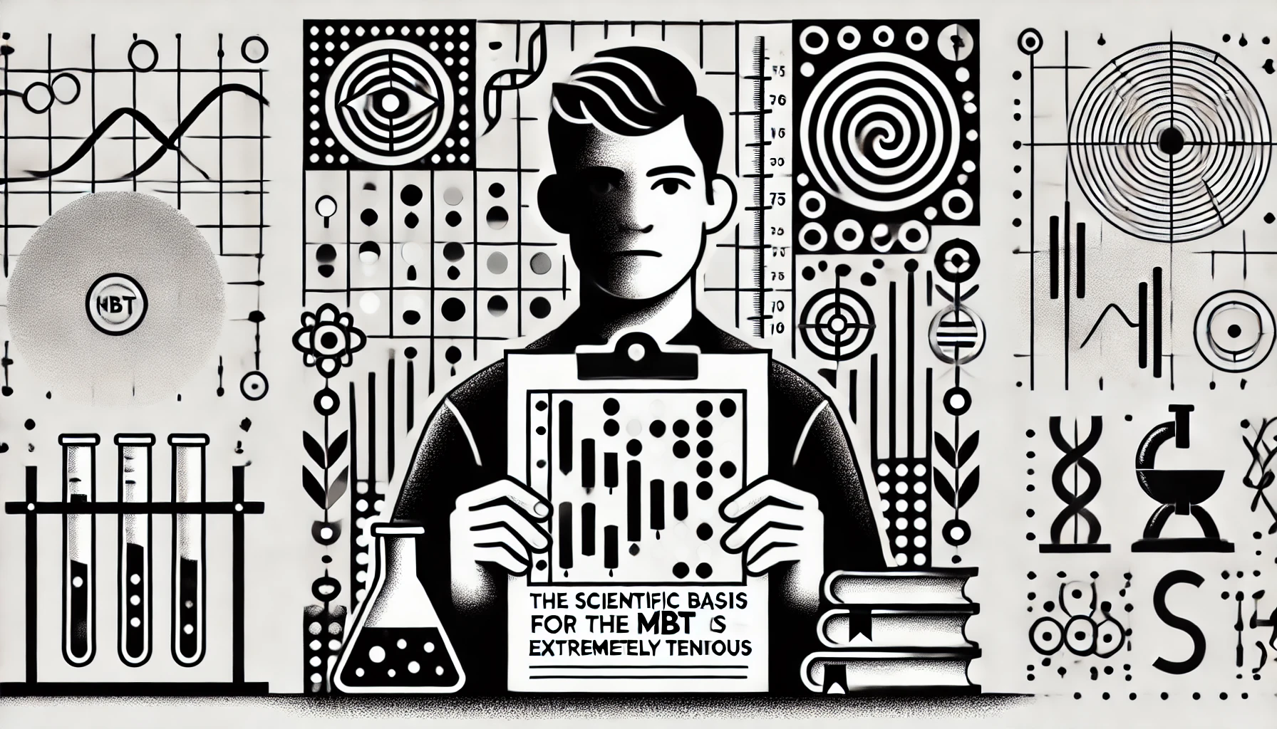 DALL·E 2024-07-29 21.36.49 - A black-and-white, stylized horizontal image with the theme 'The scientific basis for the MBTI is extremely tenuous.' The background features a simpli.webp.webp