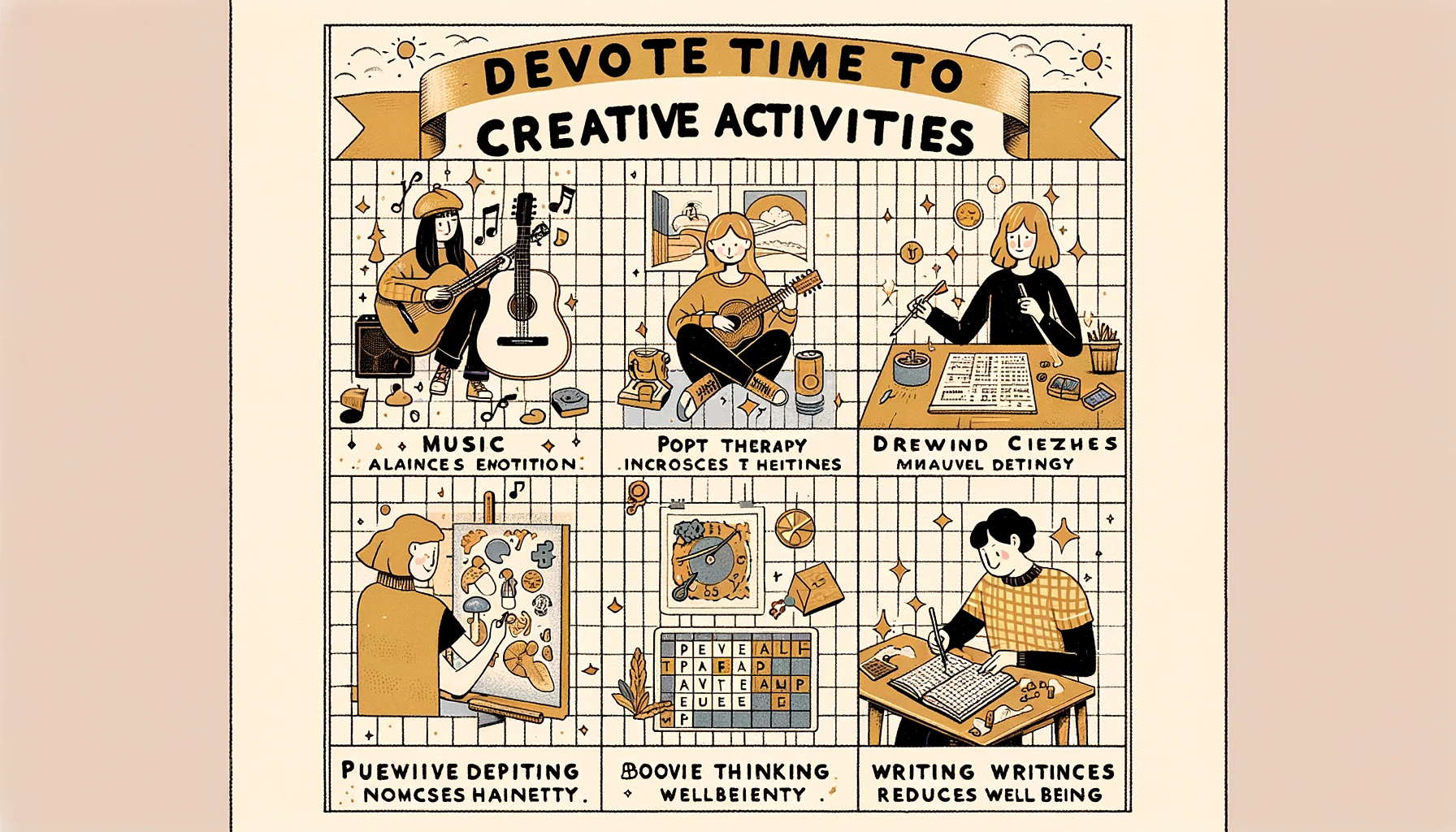 DALL·E 2024-06-24 22.27.50 - Create an image with a cream background and grid lines, with the title 'Devote Time to Creative Activities' in a handwritten font at the top. The imag.webp.webp